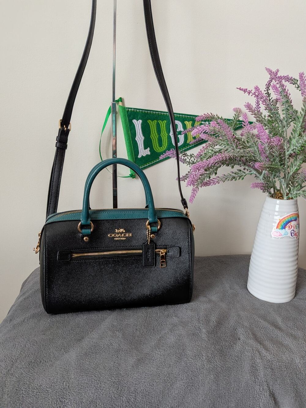 Coach medium Rowan satchel in black cross grain with teal